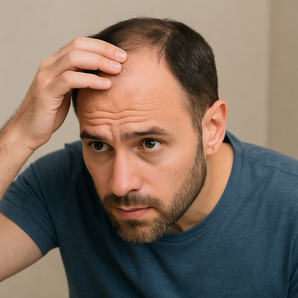Man examining his baldness in the mirror